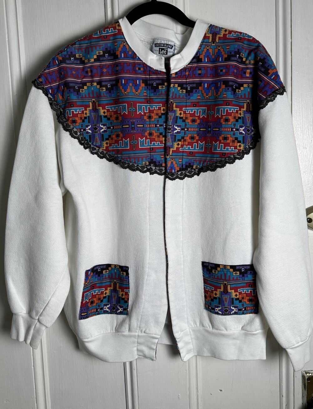 Vintage 90s Womens Large Lee Southwestern Aztec Cardigan Sweatshirt Jacket White